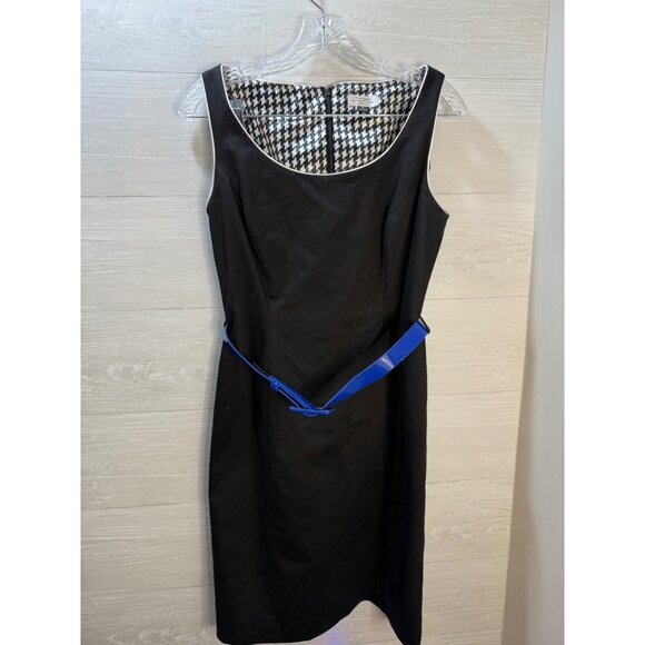 Tahari Arthur S. Levine Black Sleeveless Sheath Dress 8P With Blue Belt & Hounds - Picture 4 of 6